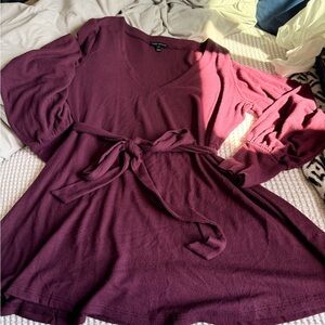 Lane Bryant Burgundy Balloon Sleeve Belted V-Neck Top